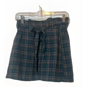 American Eagle Women Skirt Green Plaid Linen Blend Belted A Line Mini Size XS